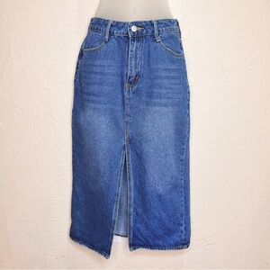 Denim Midi Length Skirt Womens M Medium Wash Slit Front y2k